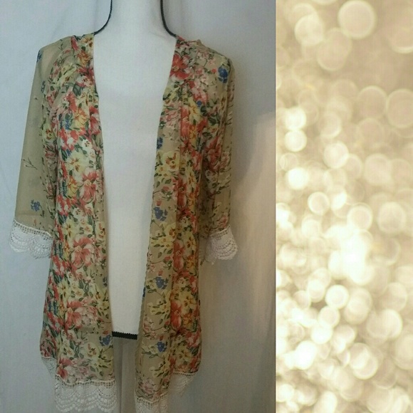 Sweaters - Sheer Floral Print Open Kimono
